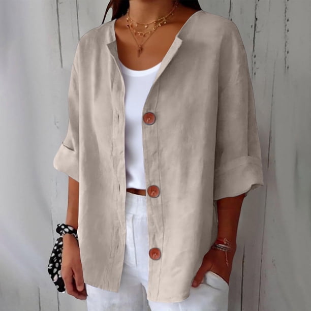 TaTaai Women's Summer Cardigan Top V-Neck Long Sleeve Linen Cotton Blend Button Front Loose Fit Casual Blouse Gift