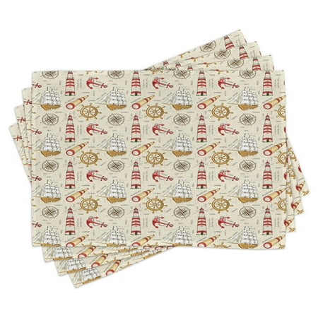 

Nautical Placemats Set of 4 Marine Elements Nostalgic Properties Wind Fall Under Trip Around the World Concept Washable Fabric Place Mats for Dining Room Kitchen Table Decor Beige Red by Ambesonne
