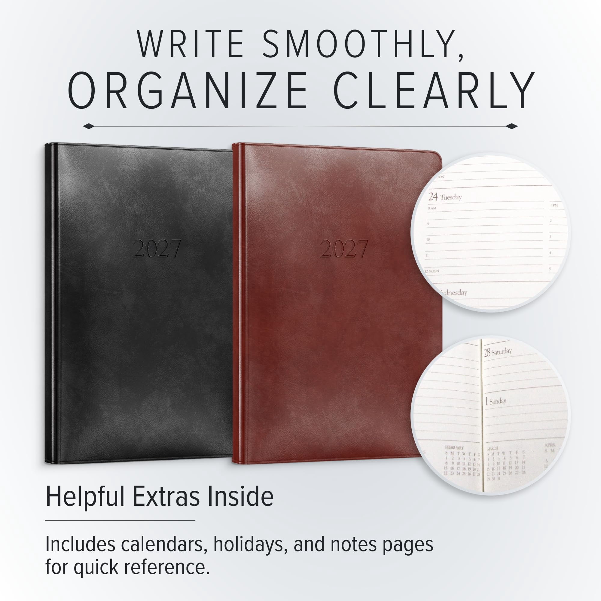 Gallery Leather Desk Hourly Weekly Monthly Planner 2027, Elegantly Bound Calendar Planner and Notebook with Stylish Gold-Gilded Page Edges, 12 Months - Acadia Deep Red - 8x5.5"