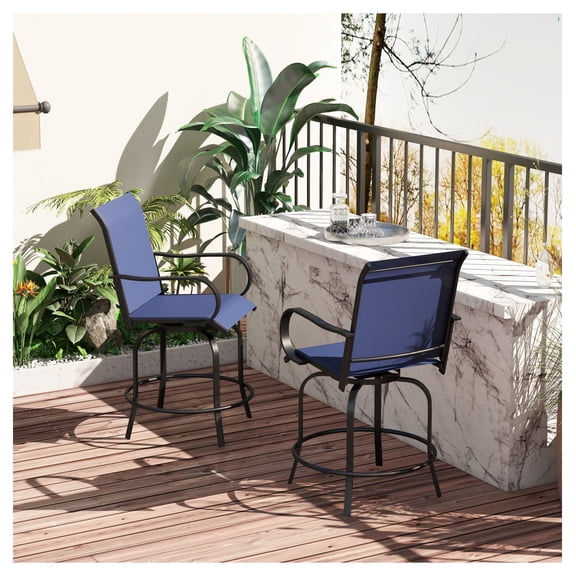 Outdoor Bar Stools Set of 2, 360° Swivel Bar Height Chairs, Navy Blue, 26.75" x 29.5" x 48.5", Patio Furniture with Arms & Footrest