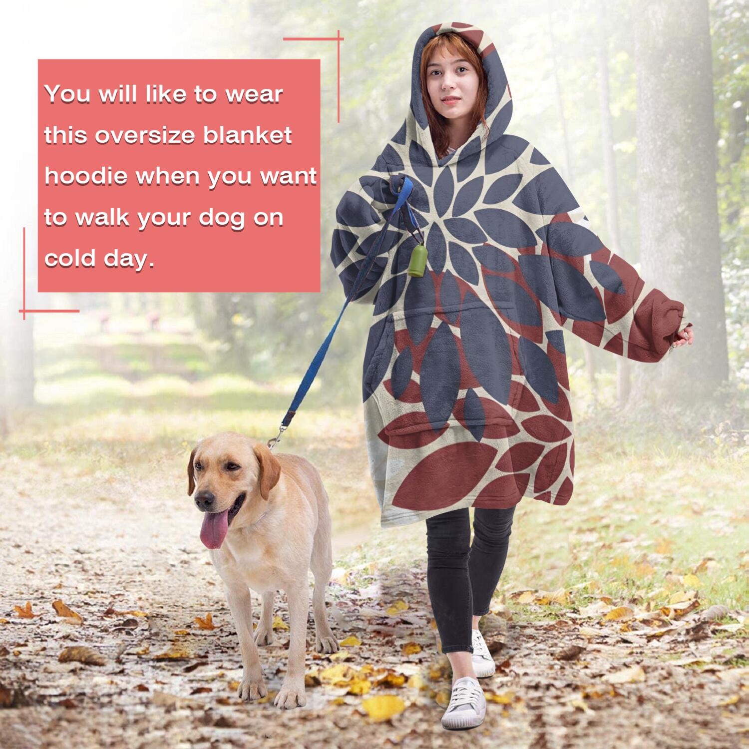 Wearable Oversized Blanket,Red and Blue Pioneer Flower Pattern Wearable Blanket Hoodie for Adults,Cozy Hooded Blankets with Super Pockets,Super Warm Fuzzy Pullover for Women & Men