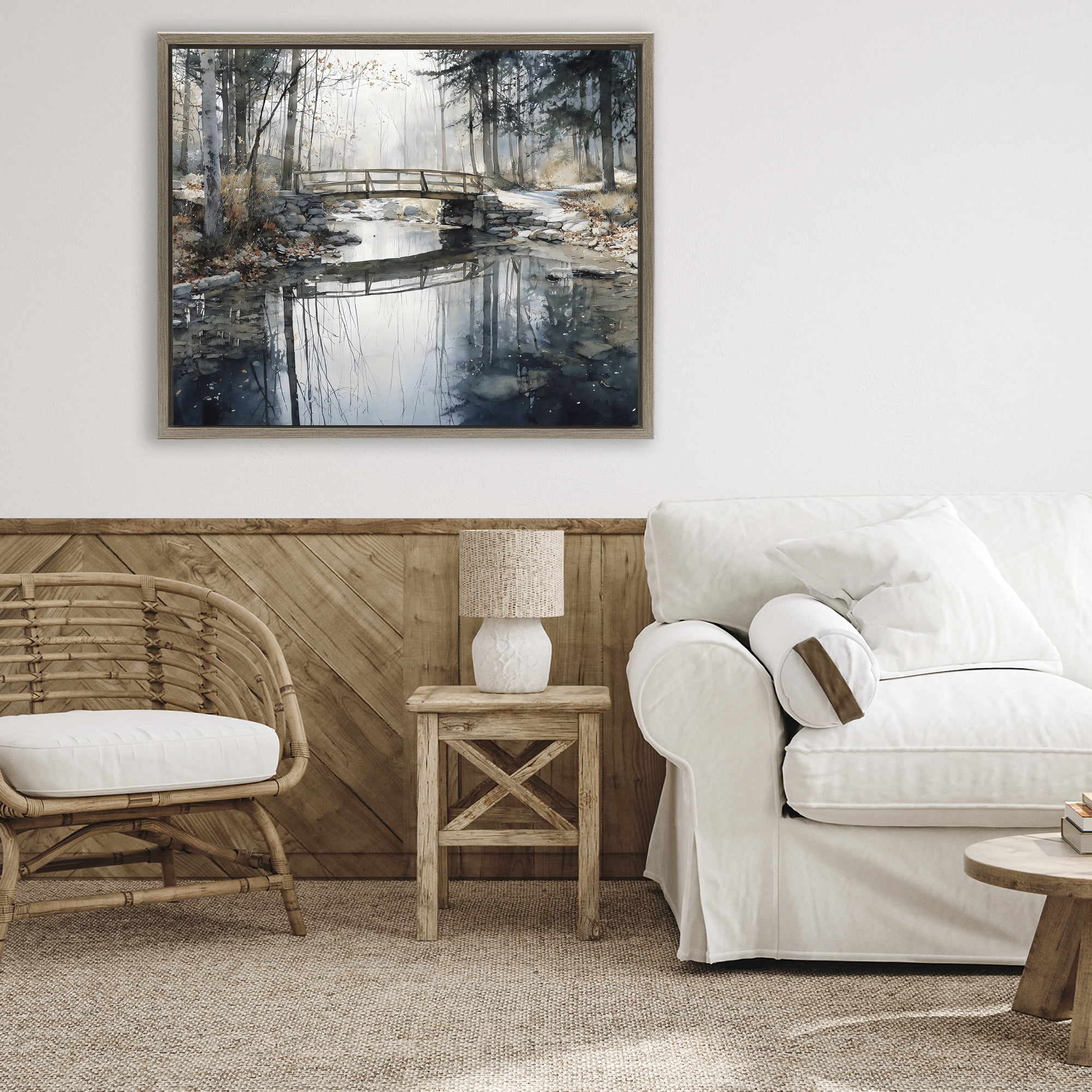 Stupell Industries Stone Bridge over Stream Brown Framed Floater Canvas Wall Art, design by Franklyn Gregory
