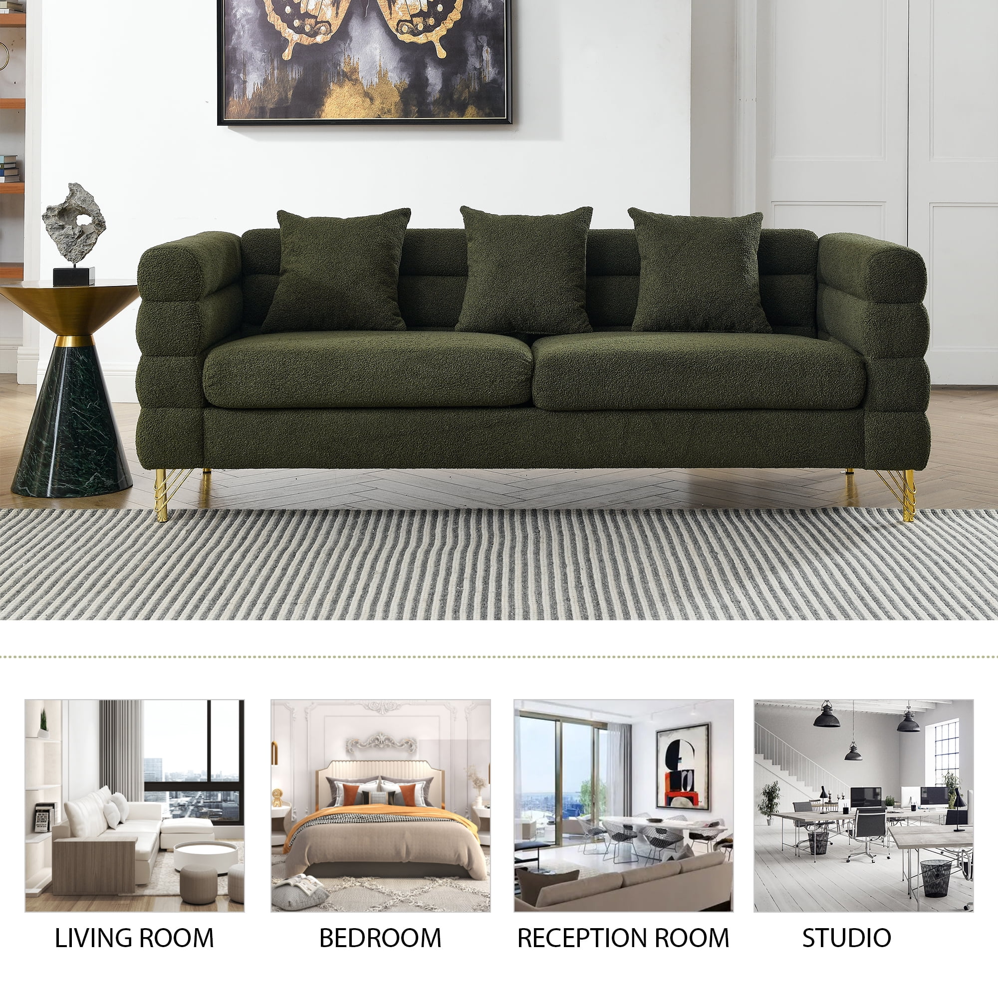 81"L Couches and Sofas, Atumon 3-Seat Sofa Couch, Mid-Century Upholstered Sofa Furniture with 4 Metal Legs and 3 Pillows, Modern Sofa for Living Room Bedroom Apartment, 81"L x 32"W x 28"H, Green