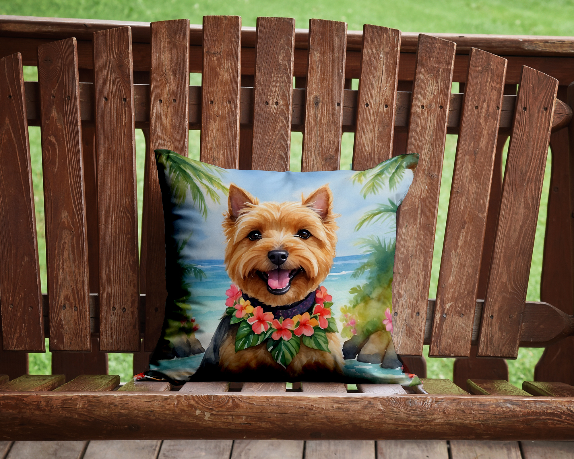 Norwich Terrier Luau Throw Pillow 14 in x 14 in