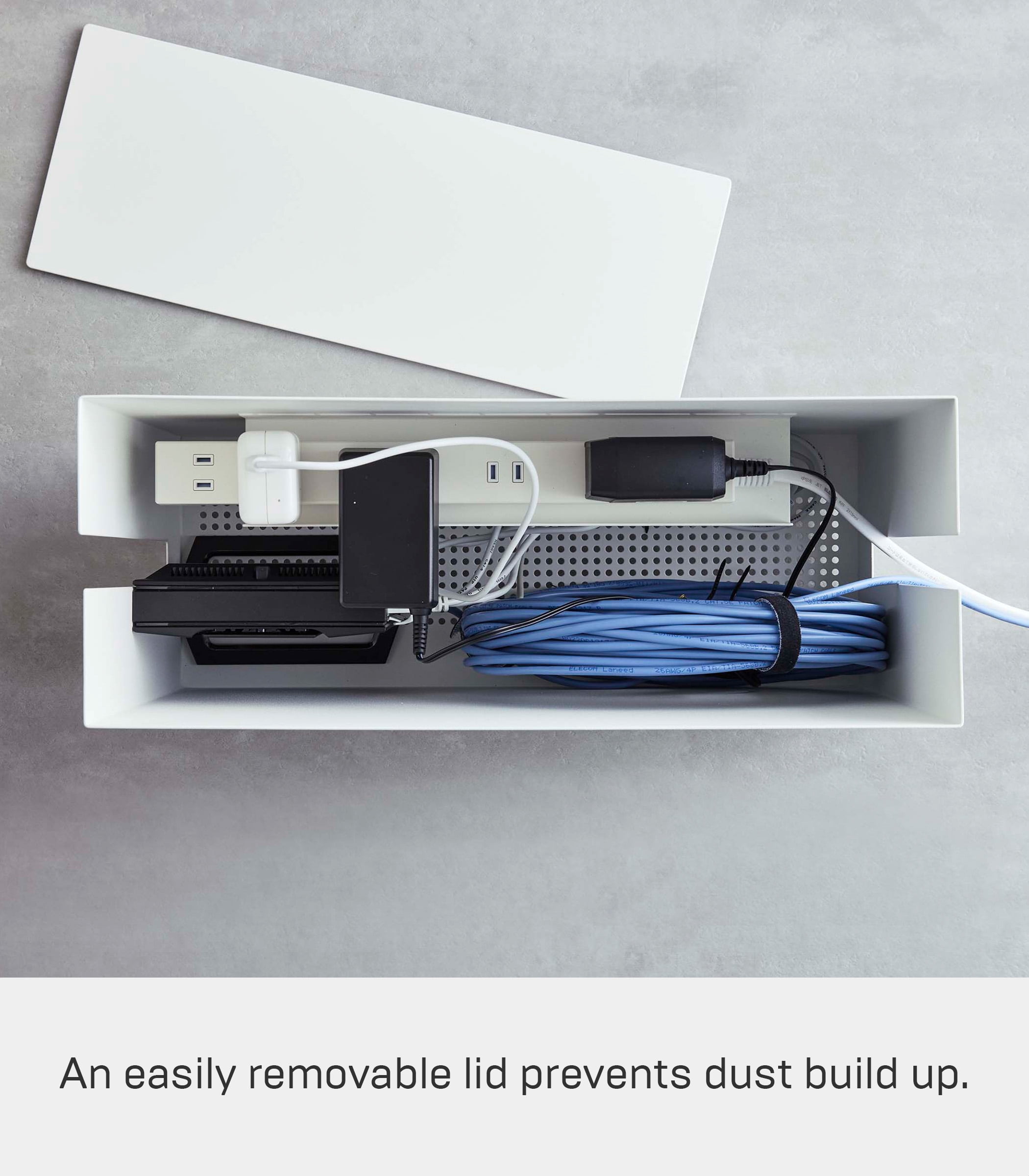 Yamazaki Home Rolling Cable Management Box, White, Steel, Wheels, Minimal Assembly