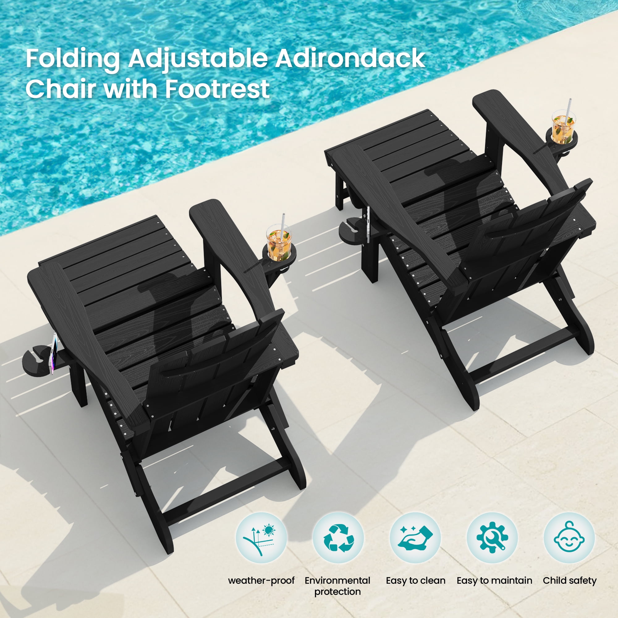 KINGYES Folding Adjustable Adirondack Chair with Retractable Ottoman & 2 Cup Holders for Patio Garden, Black