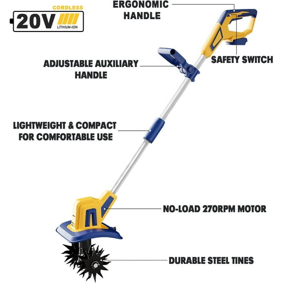 Cordless Tiller Cultivator Compatible with Dewalt 20V Battery, Electric Garden Rototiller w/270 RPM, 48 Steel Tines, 8.7" Tilling Width, 6.3" Depth, Portable Rotary Tiller, 4.0Ah Battery Included