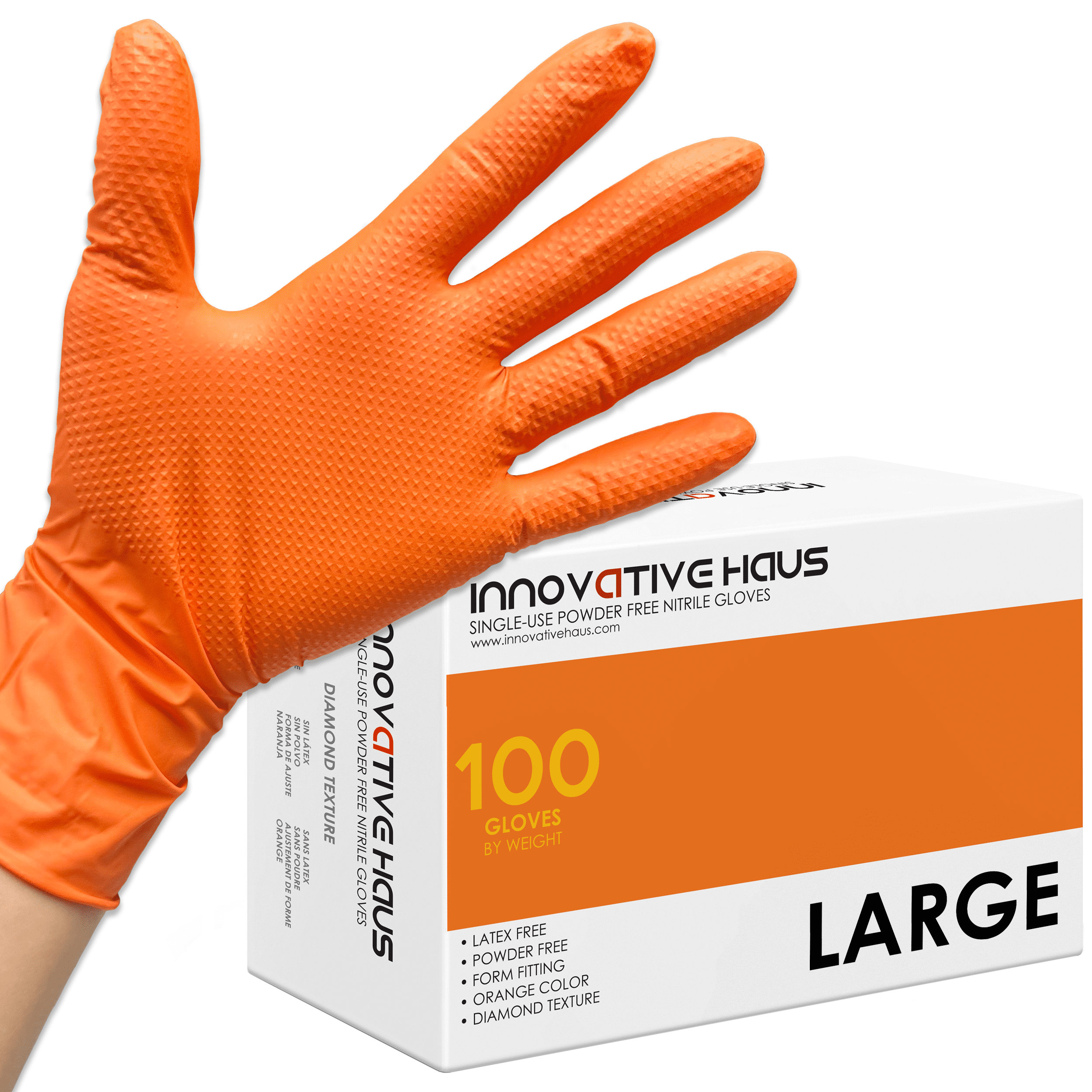 Innovative Haus 8 Mil Orange Disposable Nitrile Gloves. Raised Diamond
