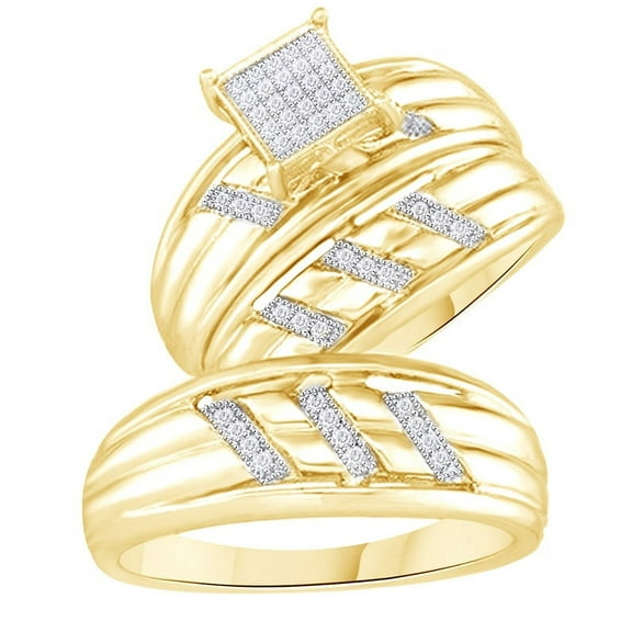 AFFY White Natural Diamond Micro-Pave Engagement & Wedding Trio Bridal Ring Set In 14k Yellow Gold Over Sterling Silver (0.15 Cttw)