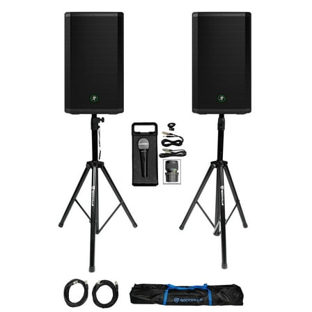2 Mackie Thrash212 12" 1300W Powered DJ PA Speakers Stands Microphone Thrash 212