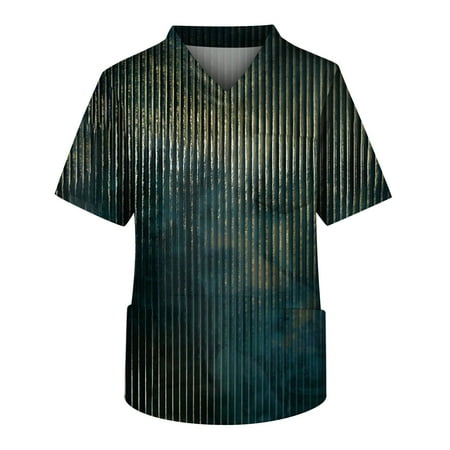 

HHei_K Body Scrubs Fashion Men s Short Sleeve V Neck Printed Working Chest Pocket Carer Top