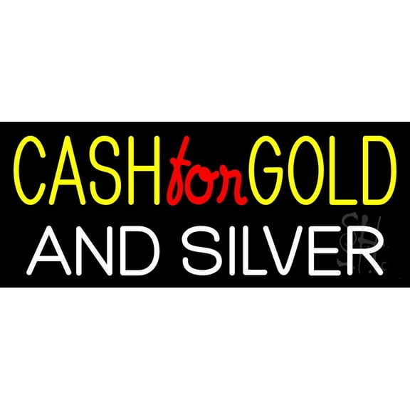 Cash For Gold And Silver 1 LED Neon Sign 10 x 24 - inches, Black Square Cut Acrylic Backing, with Dimmer - Bright and Premium built indoor LED Neon Sign for Pawn store interior decor, and stroefront.