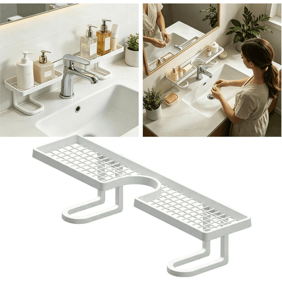 Behind the Faucet Sink Organizer, No-Drill over the bathroom sink shelf Tool-Free Compact Countertop Faucet Organizer Storage Rack Stand Hollowed-Out Bottom Easy Drainage For Kitchen Bathroom