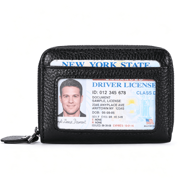 Black Genuine Leather Double Zipper Accordion Card Holder, RFID Blocking Large Capacity ID Cash Organizer Wallet for Women, 4.13×1.57×3.14in