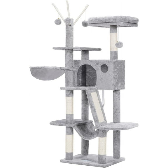Cat Tree, 53 inch Cat Tower for Indoor Cats, Cat House with Padded Platform Bed, Toy Balls, Large Cozy Condo, Hammocks and Sisal Scratching Posts, Light Gray MPJ019-SW