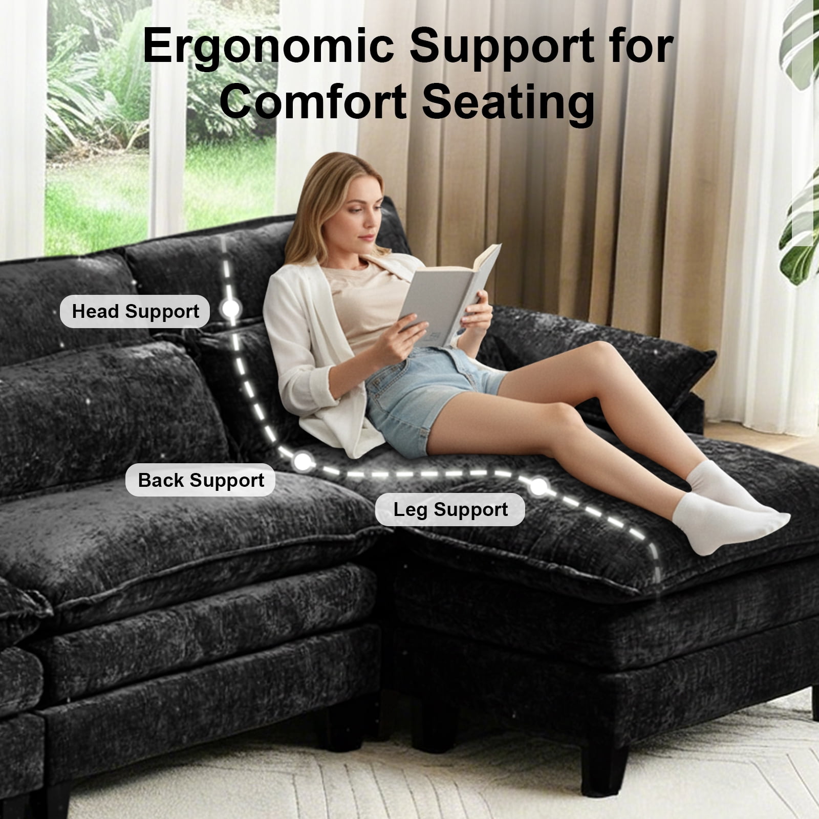 Howcool 148" Modular Sectional Sofa , 4 Seater L-Shaped Cloud Couch with Movable Ottoman, USB Charging Ports & Side Pockets, Sectional couchs for Living Room,Chenille Fabric,Black