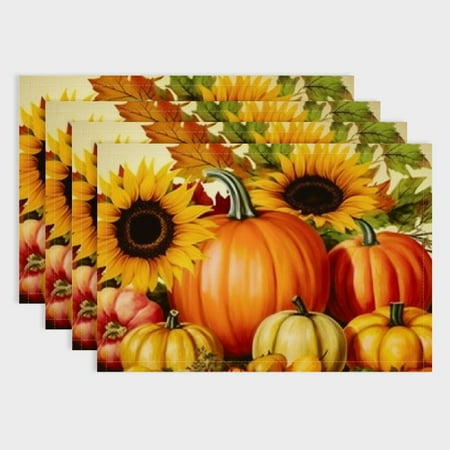 Pratyus 4pcs Pumpkin Sunflowers Autumn Leaves Indoor Outdoor Linen Table Placemat Mats Set for Dining Parties Home Decor 18x12in