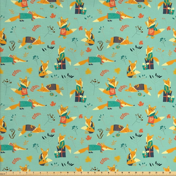 Cartoon Fabric by the Yard, Autumn Season Foliage Background Hipster Foxes with Glasses Design, Decorative Upholstery Fabric for Sofas and Home Accents, Pale Green Orange by Ambesonne