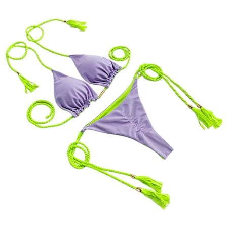 Women Swimsuits Color Blocked Hanging Neck Tie Backless Bikini Set Light Purple Bathing Suit for Women M