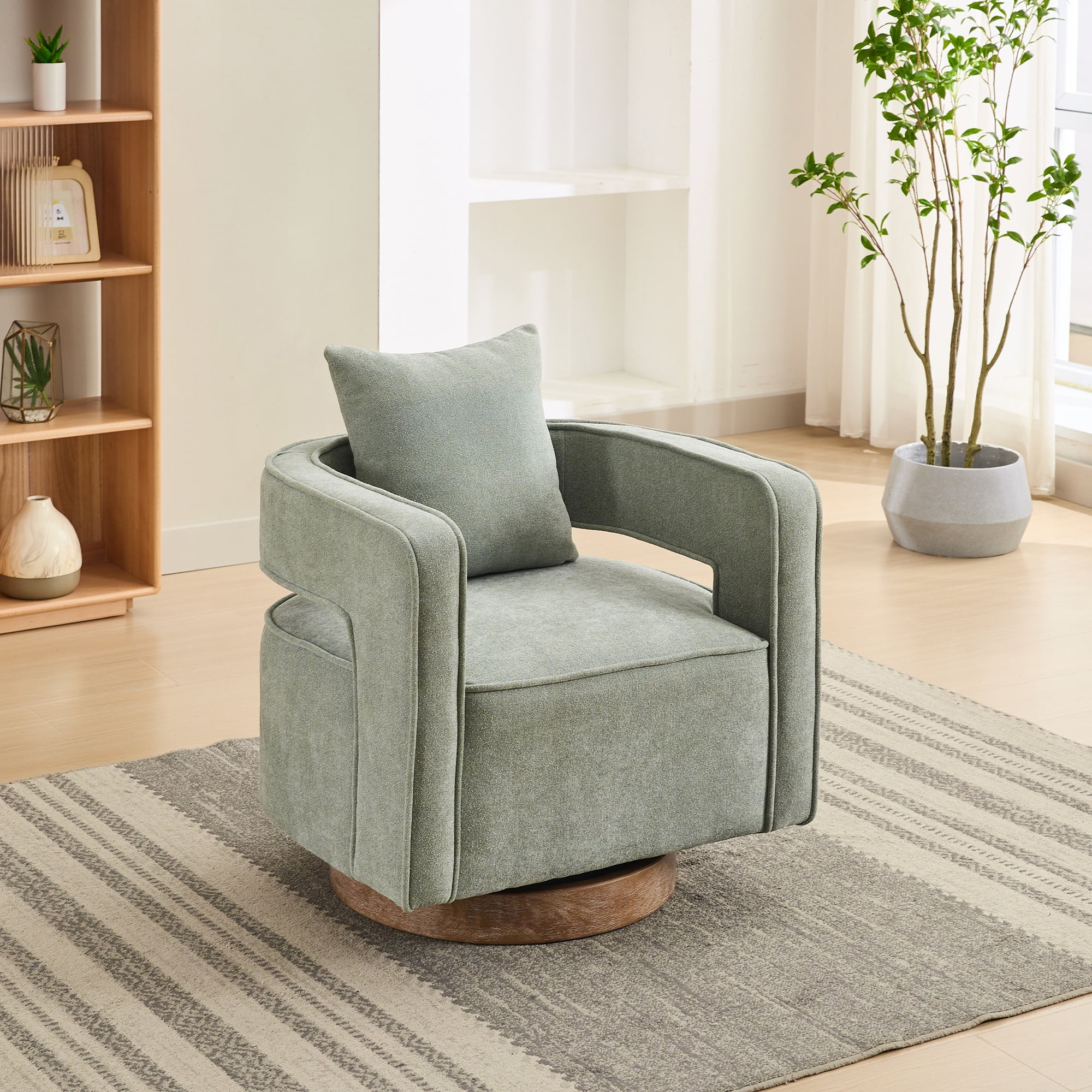 Leumius Swivel Accent Chair with Open Back,Modern Single Sofa Chair With Weathered Base for Nursery Bedroom Living Room Hotel Office, Club Chair Leisure Arm Chair for Lounge,Green Polyester