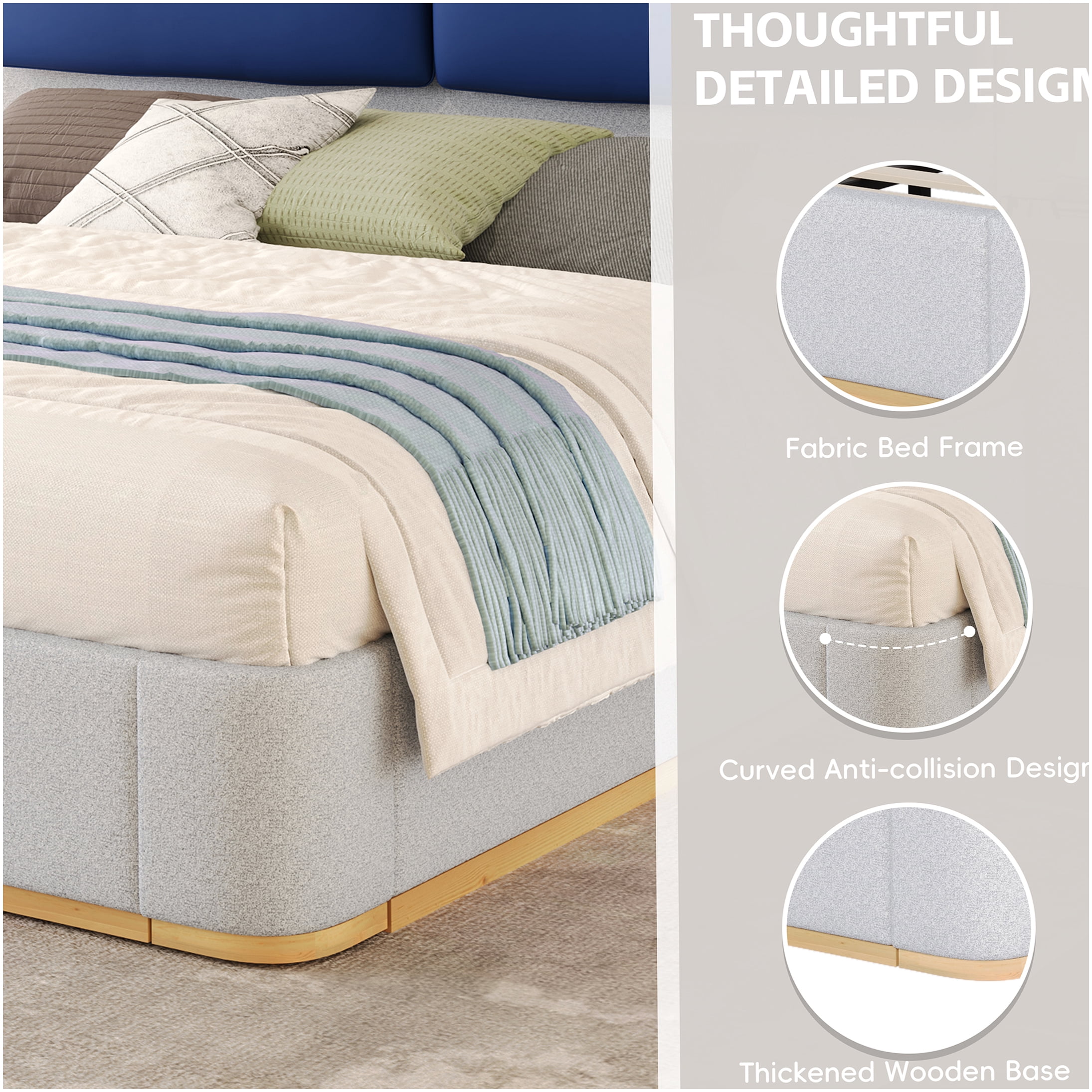 Queen Upholstered Storage Bed Frame with Shelves, Blue Grey Fabric Headboard, No Box Spring Needed, Noise Free Platform Bed
