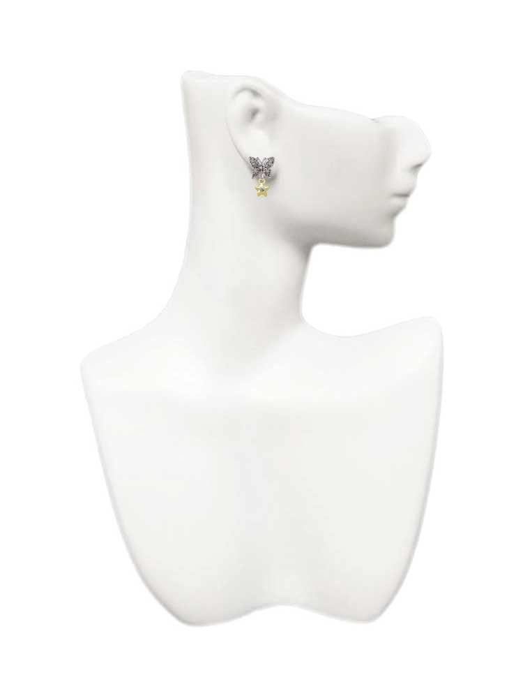 Delight Jewelry Goldtone Mini Star with Clear Crystal Silvertone Antiqued Butterfly Post Earrings
