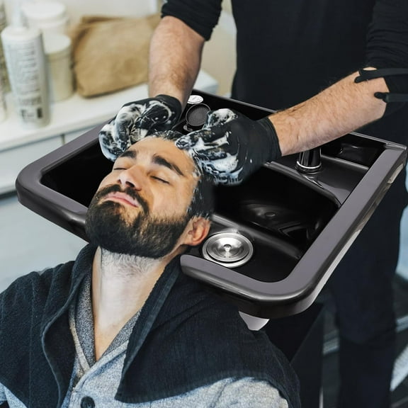 Miumaeov Professional Shampoo Bowl Portable Deep ABS Backwash Salon and Spa Hair Sink Rinse Basin Equipment with 3.28ft Hose Black