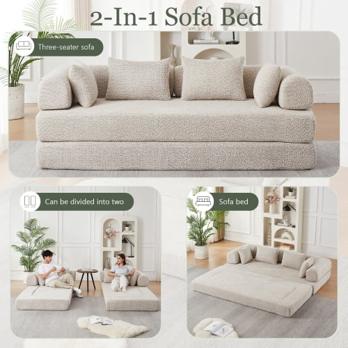 78.9-Inch Convertible Sleeper Sofa, Stain-Resistant Chenille Folding Mattress, DIY Modular Floor Lounge with Removable Armrests, khaki