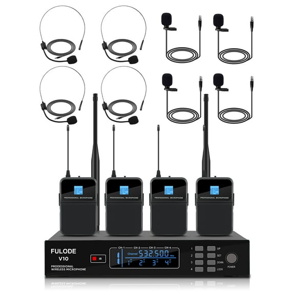 4 Channel Wireless Lapel Microphone, Set of 4 Headset & Lavalier Mics with 4x50 Adjustable Frequency UHF Metal Receiver, 300ft Range Microphone System for Church, Karaoke, Preaching, Wedding