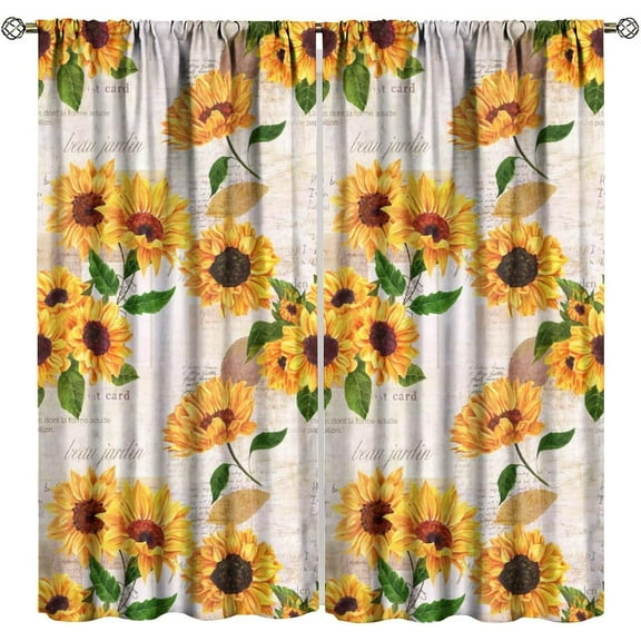 Sunflower Blackout Curtains Spring Flower Vintage Rustic Farmhouse Bedroom Living Room Kitchen Rod Pocket Decoration Window Drapes 2 Panels W21xL63in