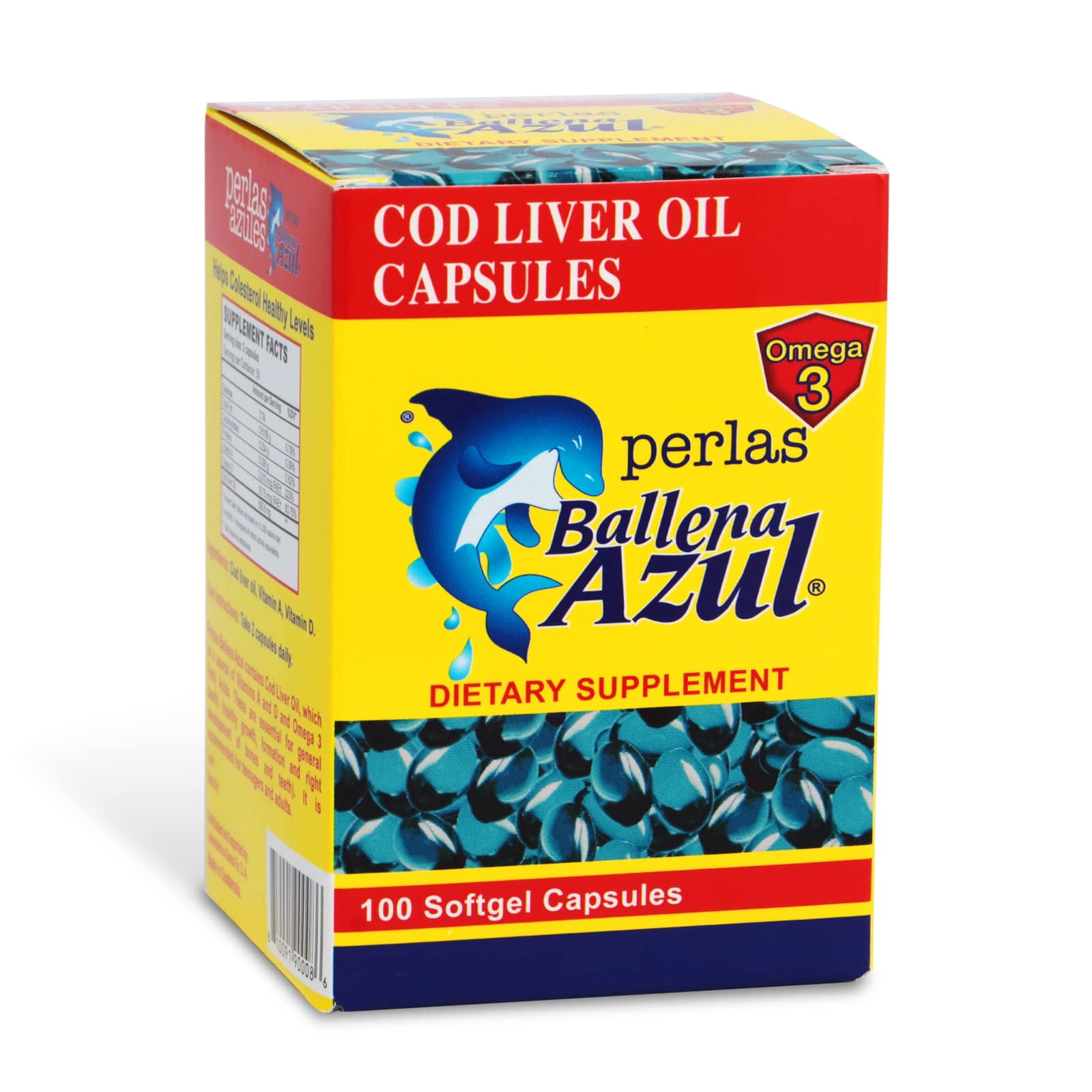 Ballena Azul Aceite de Hgado de Bacalao para Adultos y Nios, COD Liver Oil for Adults and Children, Good Source of Vitamins A,D,E, B1, Dietary Supplement, Omega 3, Inmune System Boost, (Capsules)