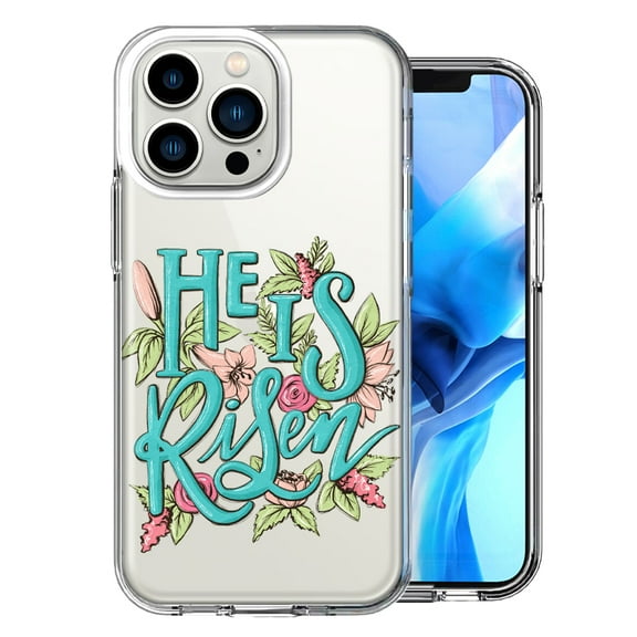 MUNDAZE for Apple iPhone 13 Pro He Is Risen Text Easter Jesus Christian Flowers Double Layer Phone Case Cover