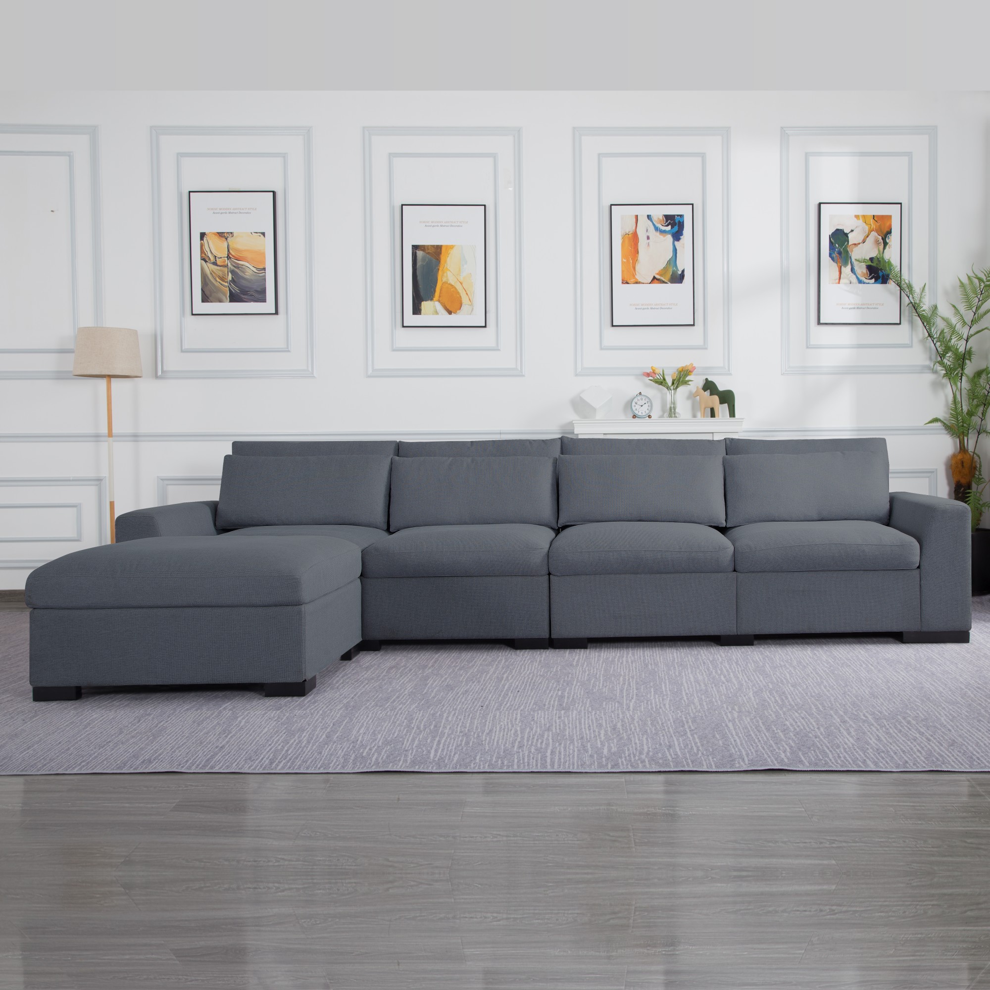 Gewnee Dark Grey 149" Modular Sectional Sofa with Ottoman - 5-Seat Linen Blend, Removable Cushions for Living Room