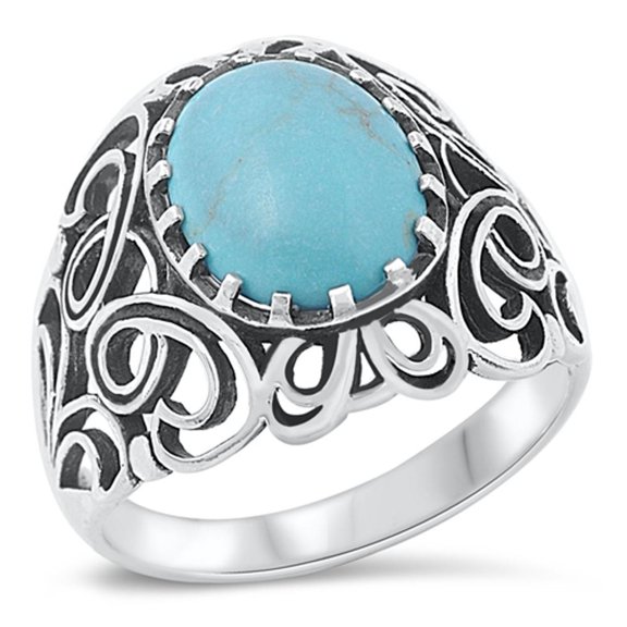 Simulated Turquoise Filigree Swirl Cutout Criss Cross Ring ( Sizes 4 5 6 7 8 9 10 11 12 13 ) Sterling Silver Band Rings (Size 12)