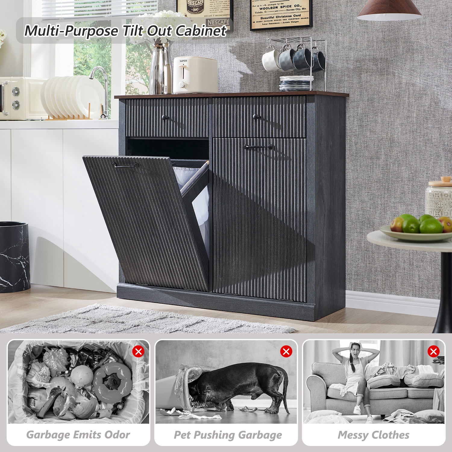 20 Gallon Tilt-Out Trash Can Cabinet, Modern Laundry Hamper Cabinet with Drawers, Hidden Garbage Can Cabinet for Kitchen and Living Room