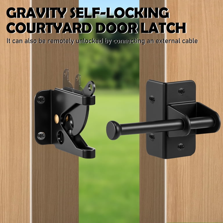 Self-Locking Gate Latch For Wooden Fence Post – Heavy Duty Automatic Gravity Latch With Screws, Spring & Pull Cable For Pool, Yard, Garden Security