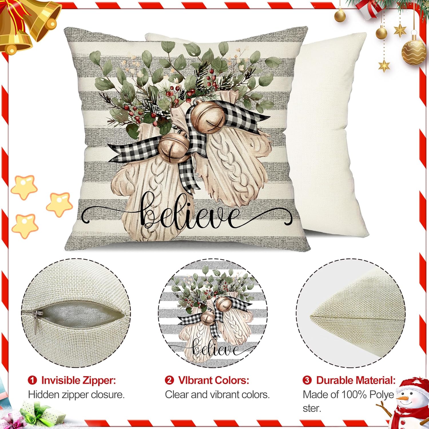 Christmas Pillow Covers 20x20 inch Set of 4 Christmas Tree Gloves Hello Winter Decorative Stripe Throw Pillow Covers Winter Farmhouse Decoration for Home Couch