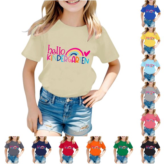 XAOFW Children'S First Day Of Kindergarten Shirt Casual Letter Print Round Neck Short Sleeved Tees Boys Girls Back To School T-Shirts Versatile Top 1-2 Years
