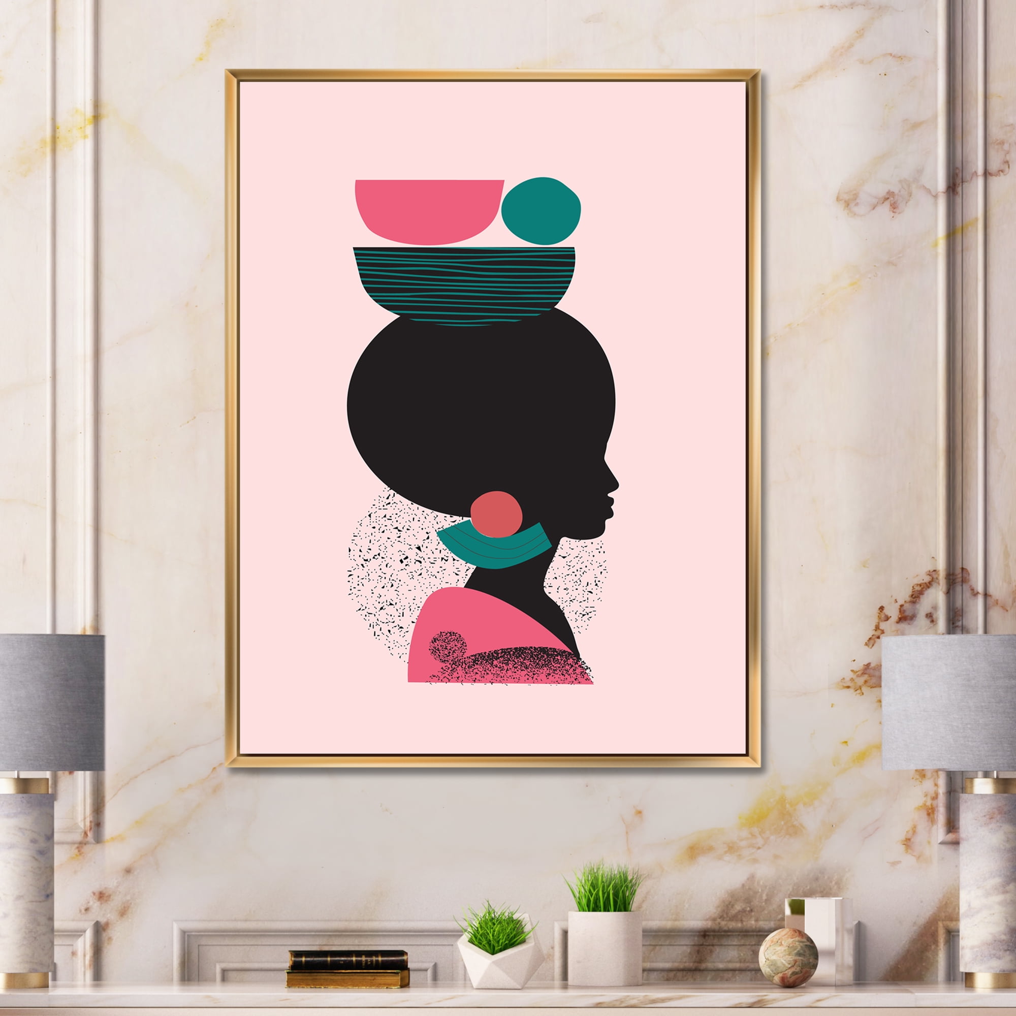 Designart 'Ethnic Geometric Silhouette of African American II' Modern Framed Canvas Wall Art Print