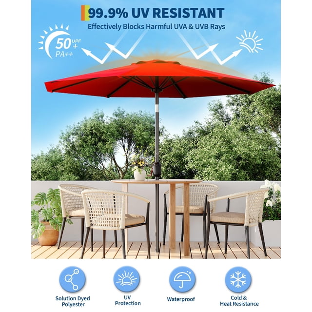 Parasol de Patio 9 Pi Rouge - Parasol de Marché Robuste à 8 Baleines avec Manivelle et Inclinaison, Imperméable et Protection UV pour Jardin, Terrasse, Cour (Lot de 1)