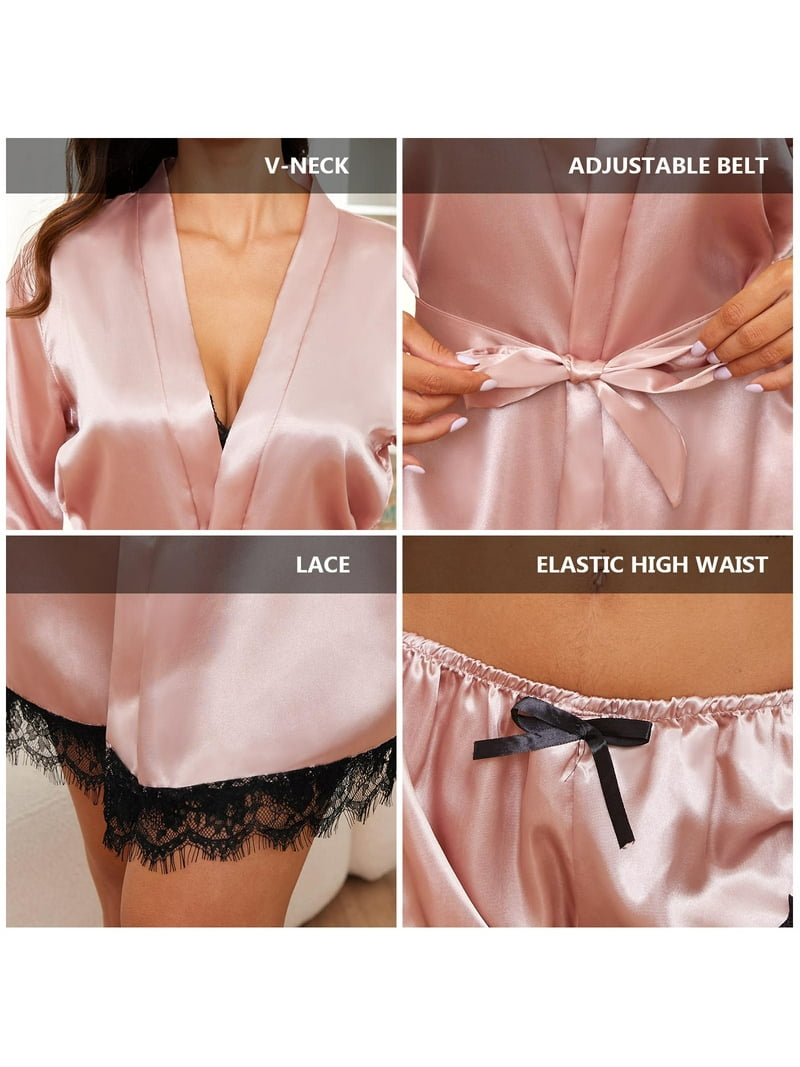 LOFIR Women Satin Lingerie Pajama Set 4 Pcs Floral Lace Top Shorts Robe Pink L - Walmart.com LOFIR Women Satin Lingerie Pajama Set 4 Pcs Floral Lace Top Shorts Robe Pink L - Walmart.com
