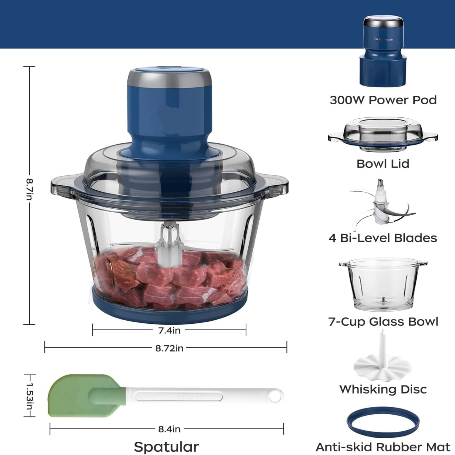 Food Processor,Electric Food Chopper with 7-Cup (1.7L) Glass Bowl, 4 Bi-Level Blades for Chopping,Grinding,Mincing,Whisking,Meal Prep,300W,Blue