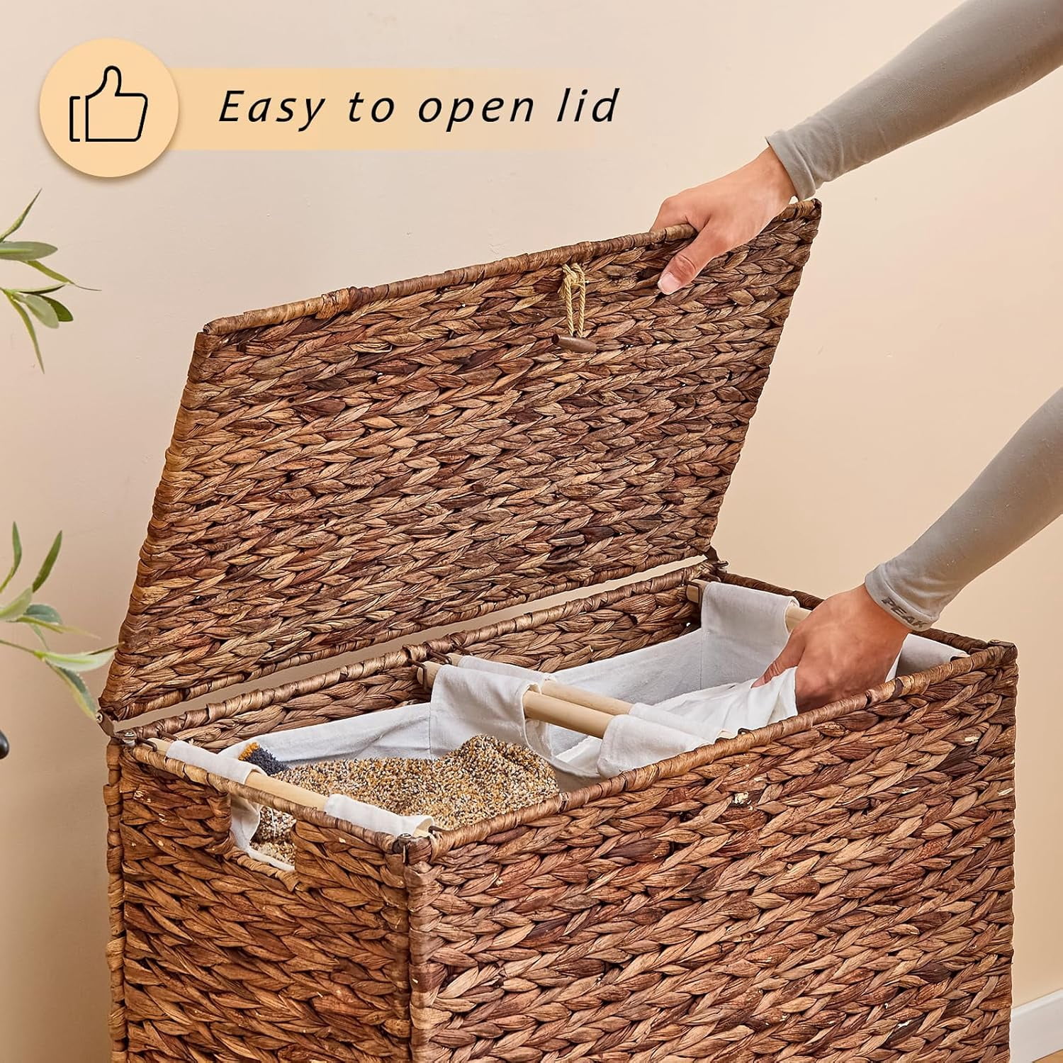Casa Pura Furniture Handwoven Large Laundry Hamper with Lid, 2 Removable Liner Bags, Heightened Feet, Natural Hyacinth Wicker Clothes Storage Basket for Towels & Clothing