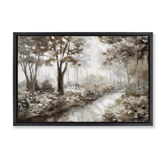 Stupell Industries Misty Forest Stream Landscape & Nature Painting Black Floater Framed Canvas Art Print Wall Art, 25 x 17