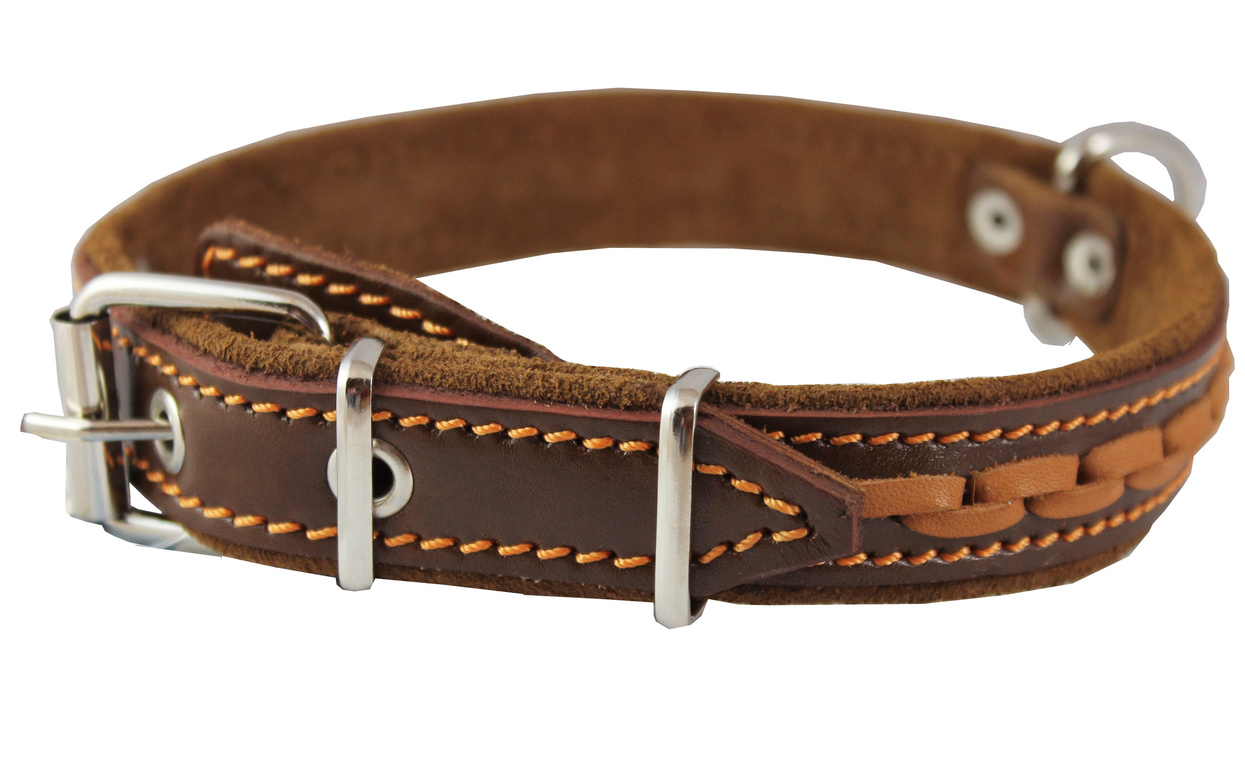 Brown High Quality Genuine Leather Braided Dog Collar, 1" Wide. Fits 14