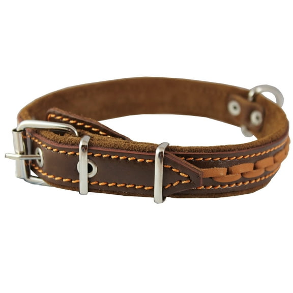 Brown High Quality Genuine Leather Braided Dog Collar, 1" Wide. Fits 14"-17" Neck.