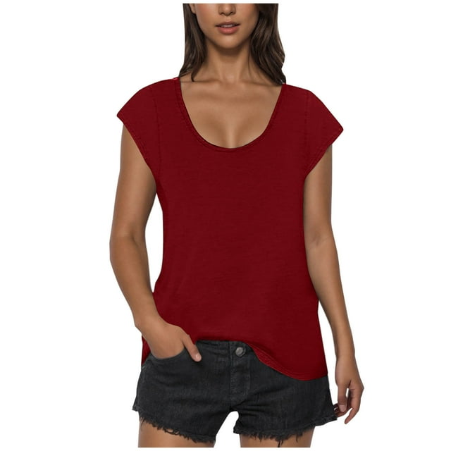 Yanlir Blouse à Col Rond pour Femmes Manches Courtes Couleur Unie Chemise Décontractée, Tenue de Travail et de Jeu d'Été, Coupe Ample Hauts Basiques (Rouge,)