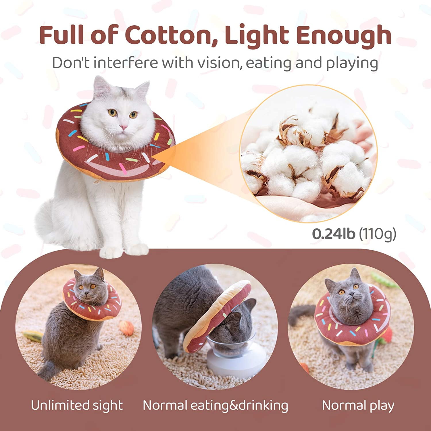 Damaie Adjustable Donut Cat Recovery Collar Soft Cone For Cat Elizabethan Collar After Surgery Brown M Brown M