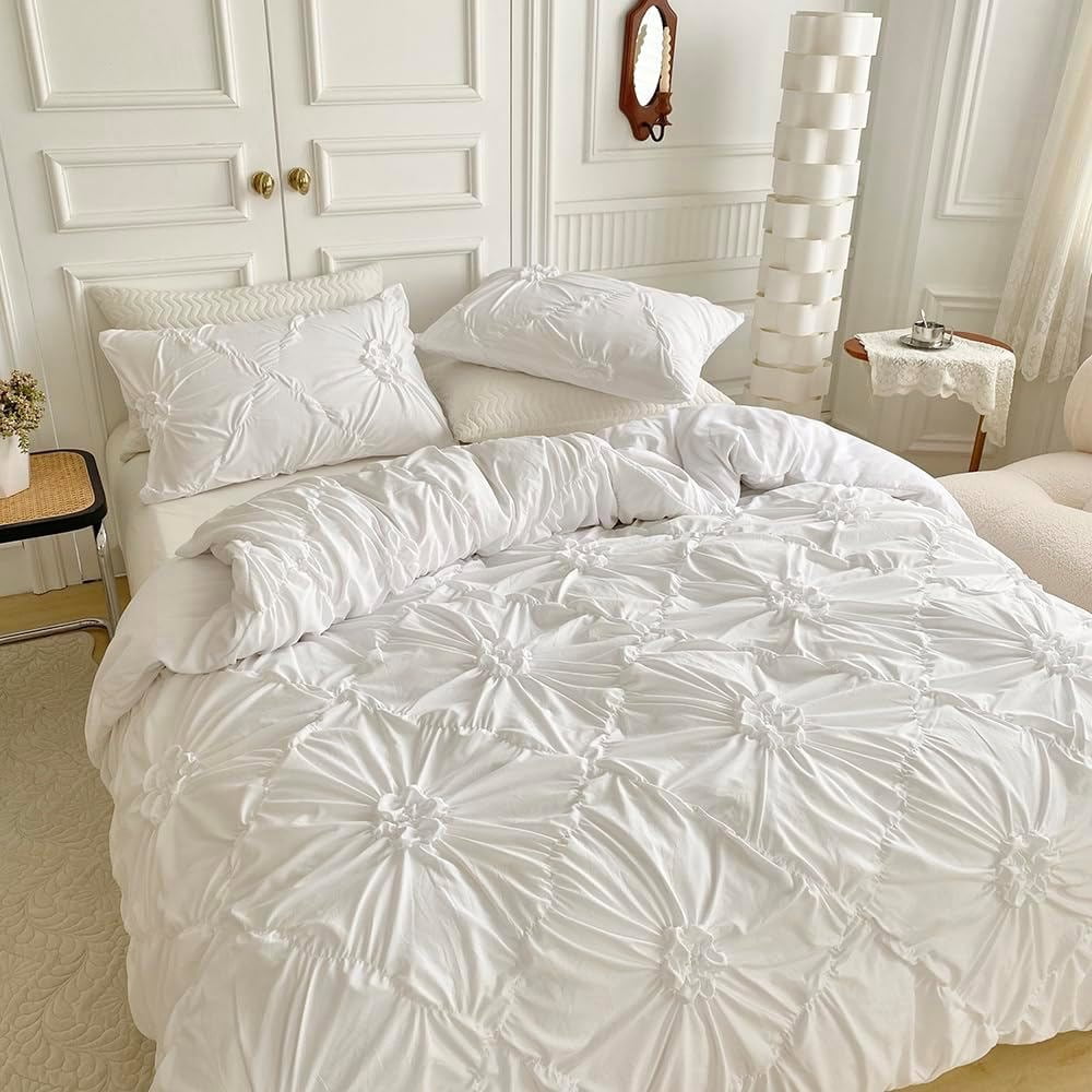 Rustic French Style Textured Flower Pinch Pleated White Duvet Cover Set Solid Luxury Bedding Sets,Queen Size
