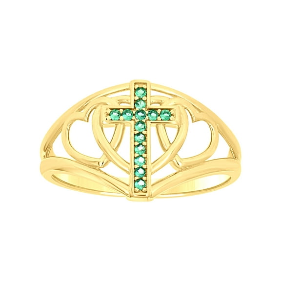 14k 14kt Yellow Gold Womens Green Cubic-Zirconia Cross Hearts Religious Ring Size 7